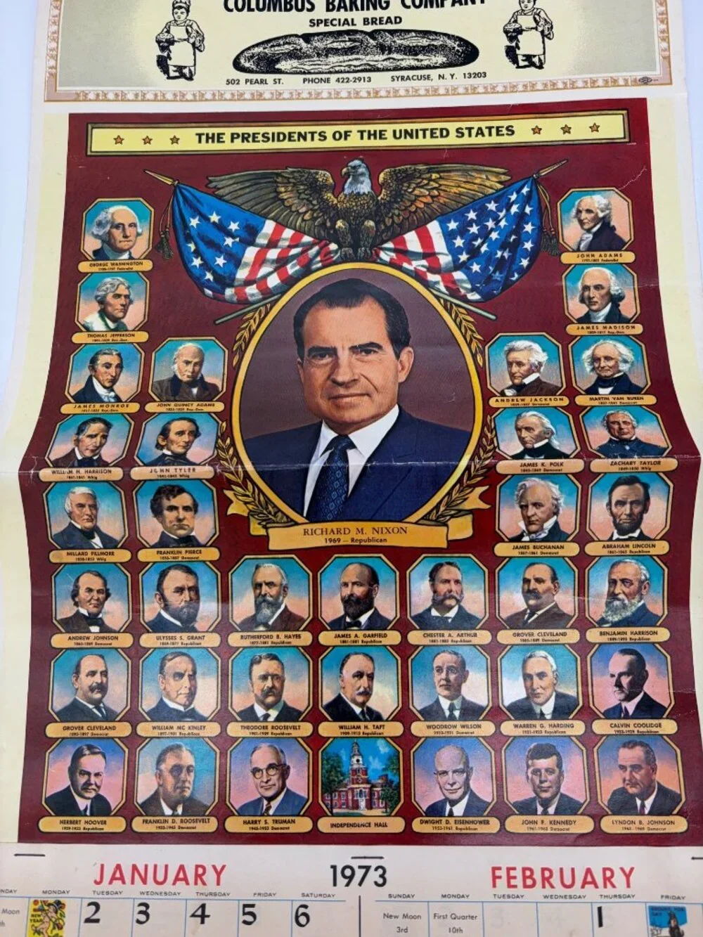 1973 Presidents United States Wall Calendar Nixon Columbus Baking Syracuse NY
